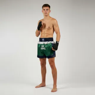 Custom Muay Thai shorts green shimmer satin with navy panels and white fringe