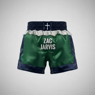Custom Muay Thai shorts green shimmer satin with navy panels and white fringe
