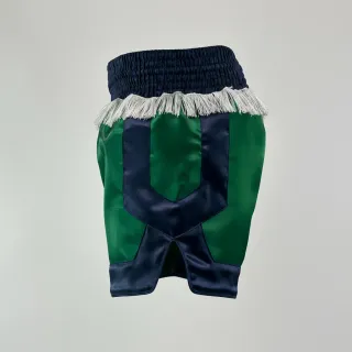 Custom Muay Thai shorts green shimmer satin with navy panels and white fringe