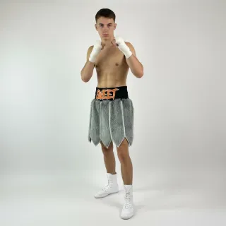 Custom gladiator boxing shorts grey faux fur with black satin waistband and silver trim