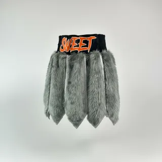 Custom gladiator boxing shorts grey faux fur with black satin waistband and silver trim