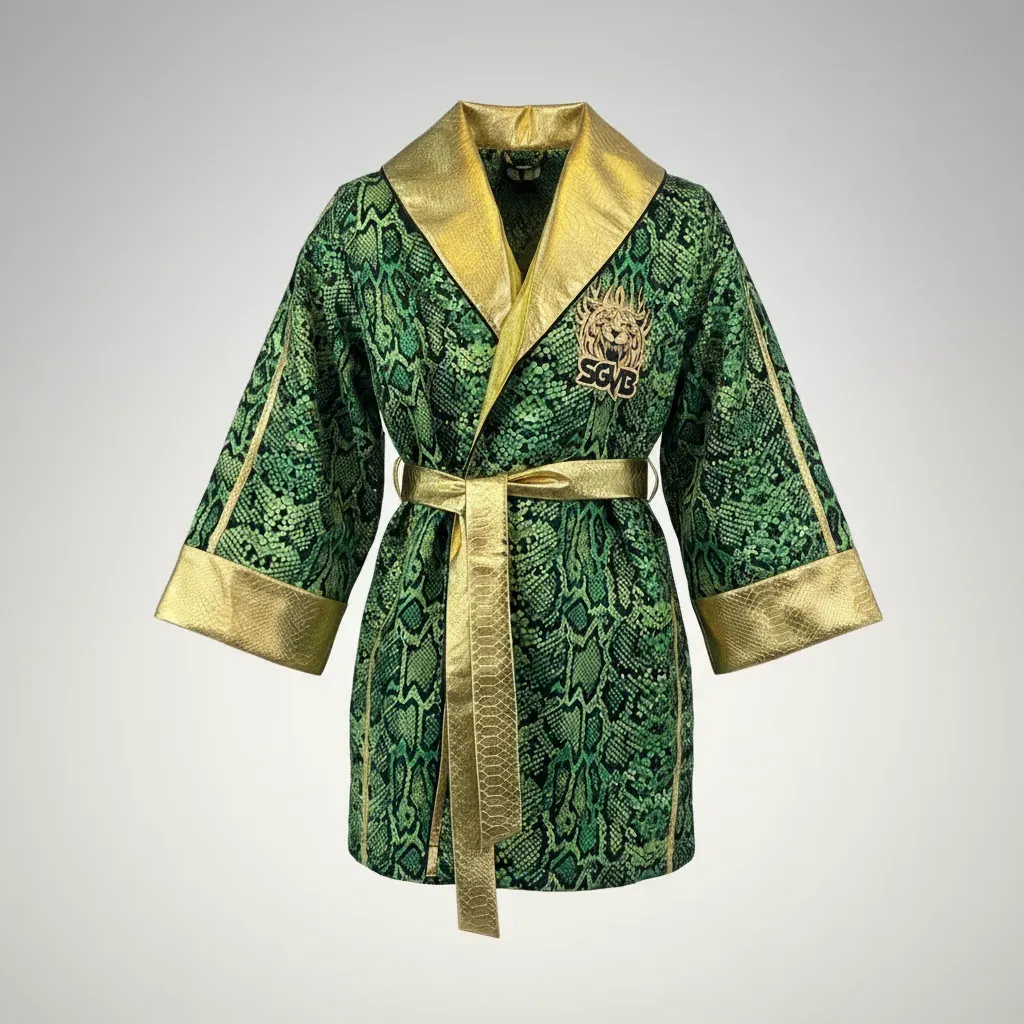 Custom Boxing Robe | Cognac Design Green Snake Print & Gold Metallic ...