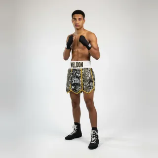 Custom gladiator boxing shorts leopard print with gold and white trim