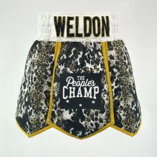 Custom gladiator boxing shorts leopard print with gold and white trim