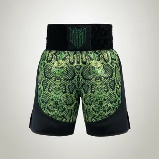 Custom boxing shorts in green snake shimmer print with black velvet waistband