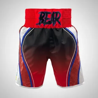 Custom boxing shorts in red and white satin with blue shimmer trims and red sequins