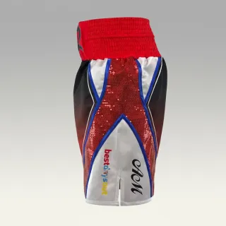 Custom boxing shorts in red and white satin with blue shimmer trims and red sequins