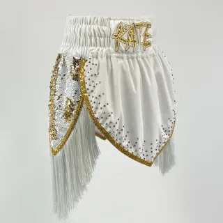 custom boxing shorts white velvet with gold sequins and fringe