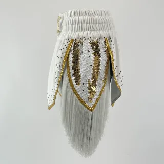 custom boxing shorts white velvet with gold sequins and fringe