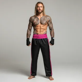 custom made kick boxing pants in pink and black satin with side stripe design,