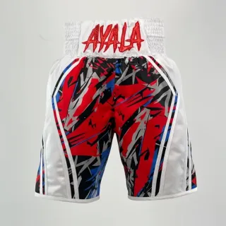 custom boxing shorts in multi street art print with white satin panels