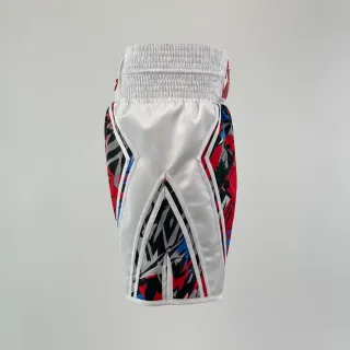 custom boxing shorts in multi street art print with white satin panels