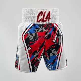 custom boxing shorts in multi street art print with white satin panels