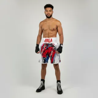 custom boxing shorts in multi street art print with white satin panels