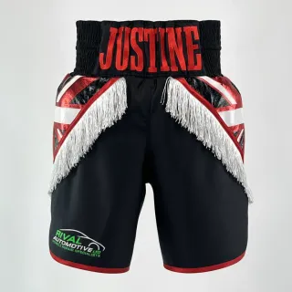 custom boxing shorts in black satin with Union Jack flag panel and white tassel trim