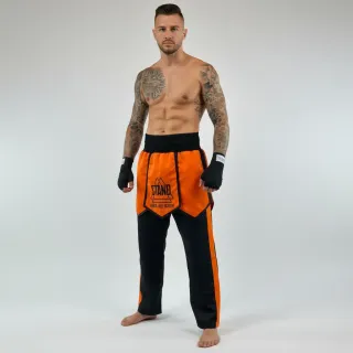 custom kickboxing trousers black and orange satin with skirt overlay