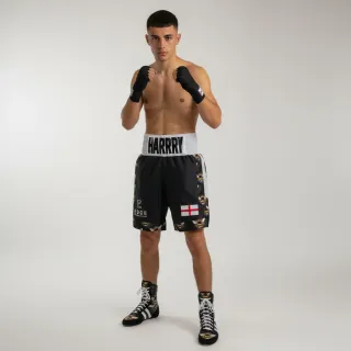 Custom boxing shorts COTTO design in black satin with white sequins and embroidered logos
