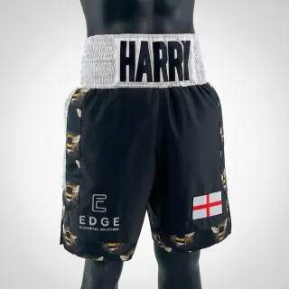 Custom boxing shorts COTTO design in black satin with white sequins and embroidered logos