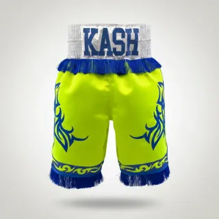 custom made boxing shorts in neon yellow satin with blue tassels and embellishments