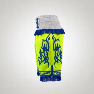 custom made boxing shorts in neon yellow satin with blue tassels and embellishments