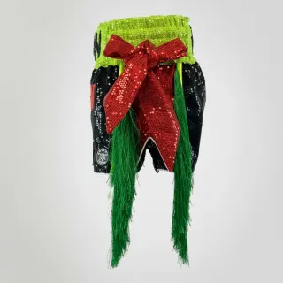 Custom Muay Thai shorts in black and neon green sequins with red ribbon and green tassels