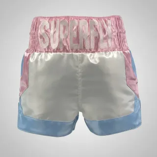 Custom Muay Thai shorts in white shimmer satin with pink sequins and blue trim