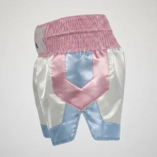 Custom Muay Thai shorts in white shimmer satin with pink sequins and blue trim