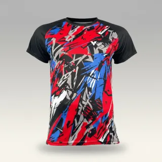 Custom sports T-shirt with red, blue, and black sublimation print on dry-fit fabric