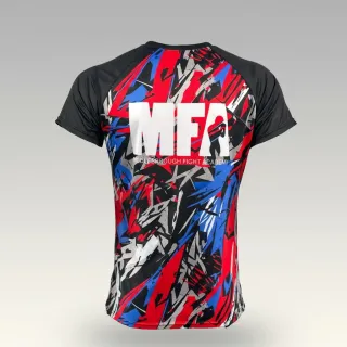 Custom sports T-shirt with red, blue, and black sublimation print on dry-fit fabric