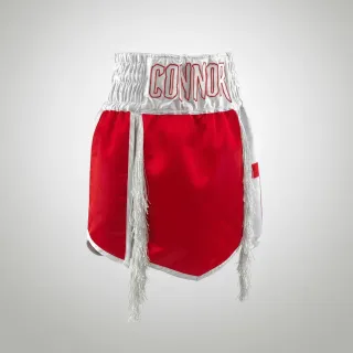 Custom gladiator boxing shorts in red and white matt satin with flag detail and tassels