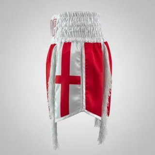 Custom gladiator boxing shorts in red and white matt satin with flag detail and tassels