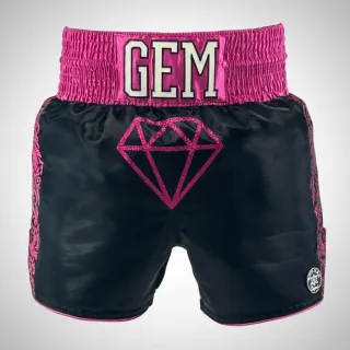 Custom Muay Thai shorts in black shimmer satin with pink glitter details