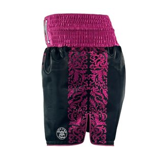 Custom Muay Thai shorts in black shimmer satin with pink glitter details
