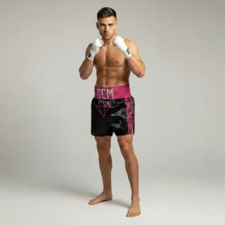 Custom Muay Thai shorts in black shimmer satin with pink glitter details