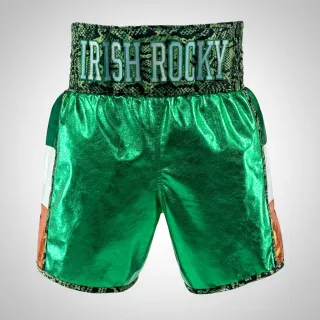Custom boxing shorts in green high-shine satin with snake print waistband and flag detail