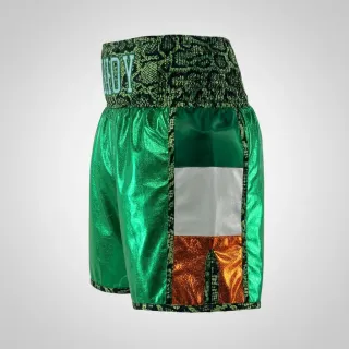Custom boxing shorts in green high-shine satin with snake print waistband and flag detail