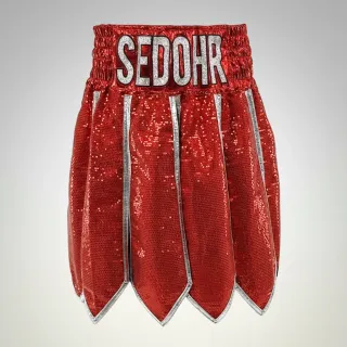 Custom gladiator boxing shorts front view in red sequins with silver trim Roman Gladiator design