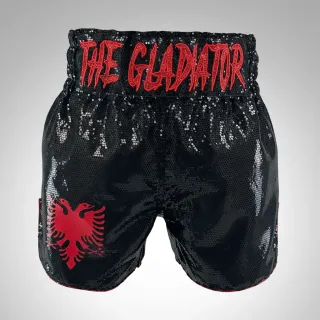Custom Muay Thai shorts front view in black sequins with dark red logo and Classic design waistband