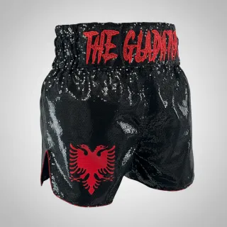 Custom Muay Thai shorts front view in black sequins with dark red logo and Classic design waistband
