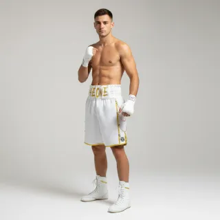 Custom boxing shorts side view in white short fur with gold trim and silver chain Soldier design