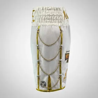 Custom boxing shorts side view in white short fur with gold trim and silver chain Soldier design