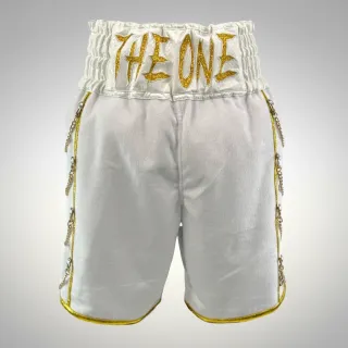 Custom boxing shorts side view in white short fur with gold trim and silver chain Soldier design