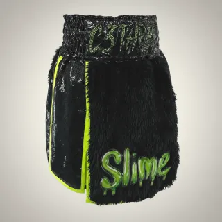 Custom gladiator boxing shorts side view in black long fur with neon satin trim and Warrior design