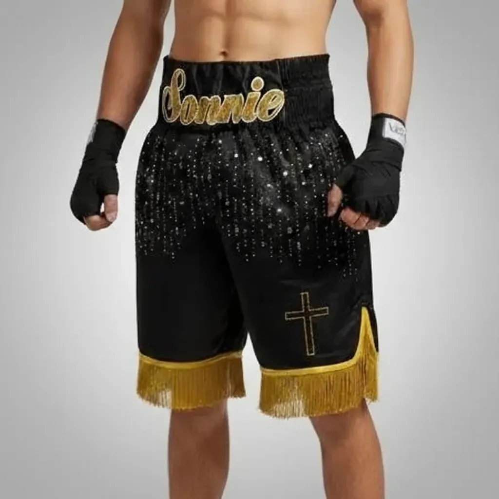 Great Britain BX 194681 Black & Gold & Great Britain Flag Custom Boxing Shorts & Trunks