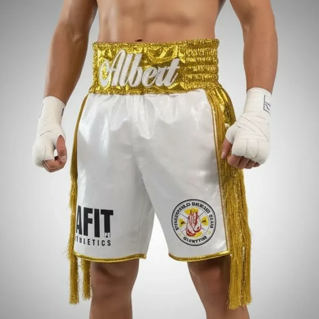 Side Stripe Luxury II 195484 White & Gold Custom Boxing Shorts & Trunks