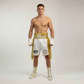 Side Stripe Luxury II BX White & Gold Gerry K Custom Boxing Shorts & Trunks