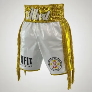 Side Stripe Luxury II BX White & Gold Gerry K Custom Boxing Shorts & Trunks