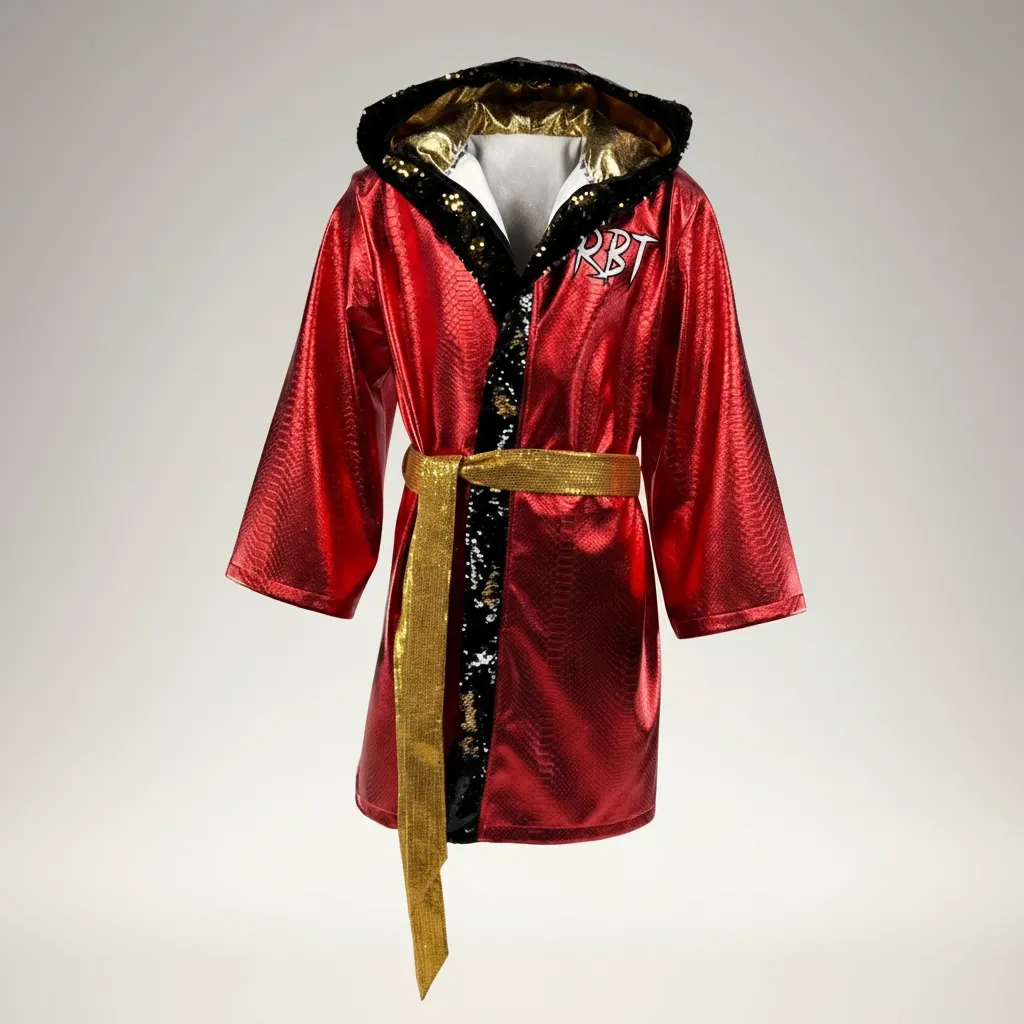 Pattern For Boxing Robe Easy Robe Custom Boxing Robe | Red Metallic Snake with Gold Sequin Belt ...