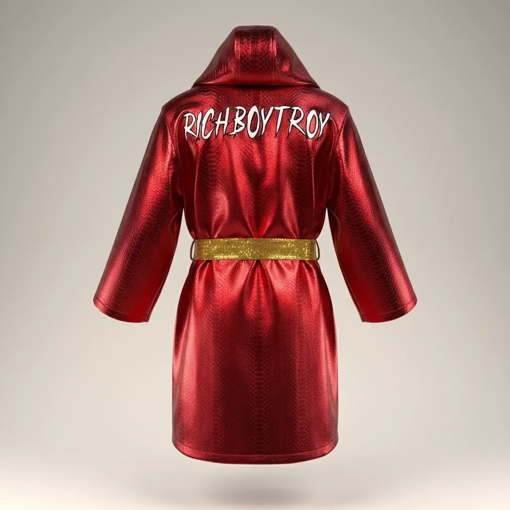 Pattern For Boxing Robe Easy Robe Custom Boxing Robe | Red Metallic Snake with Gold Sequin Belt ...