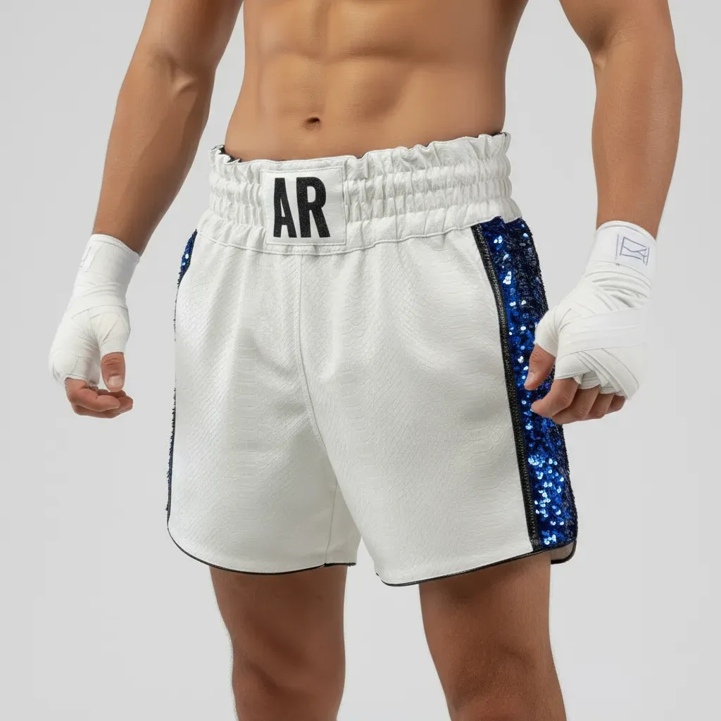Side Stripe MTS 195169 White & Blue Muay Thai Shorts